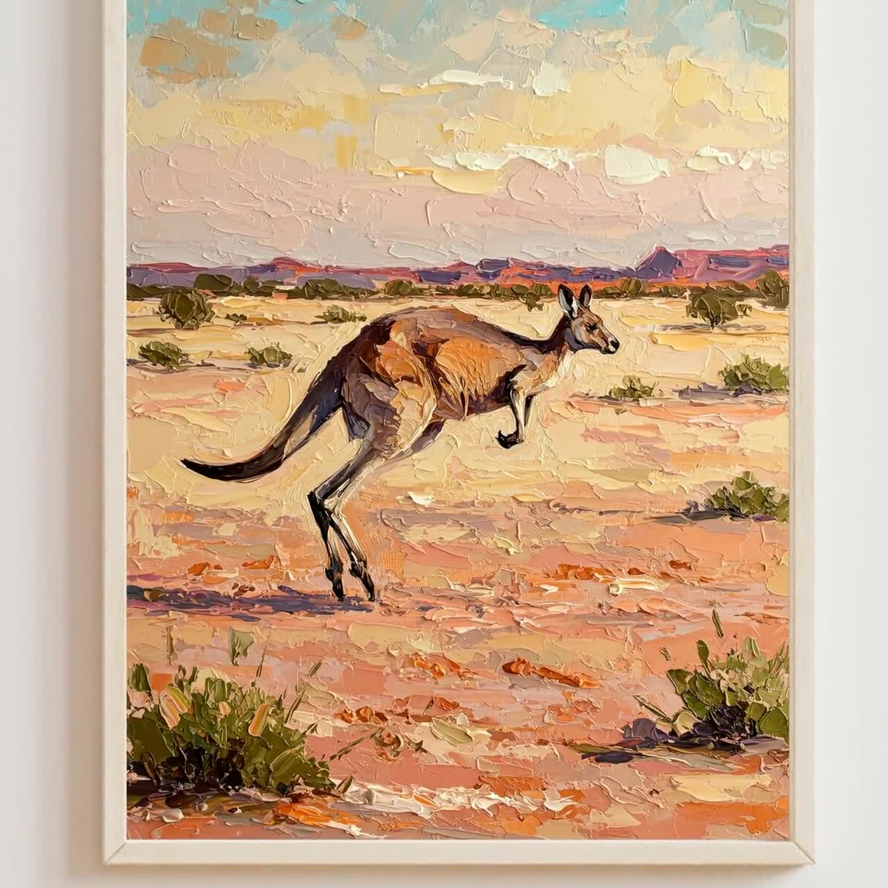 オーストラリアのカンガルーの絵画：アウトバックの夕焼け風景画
